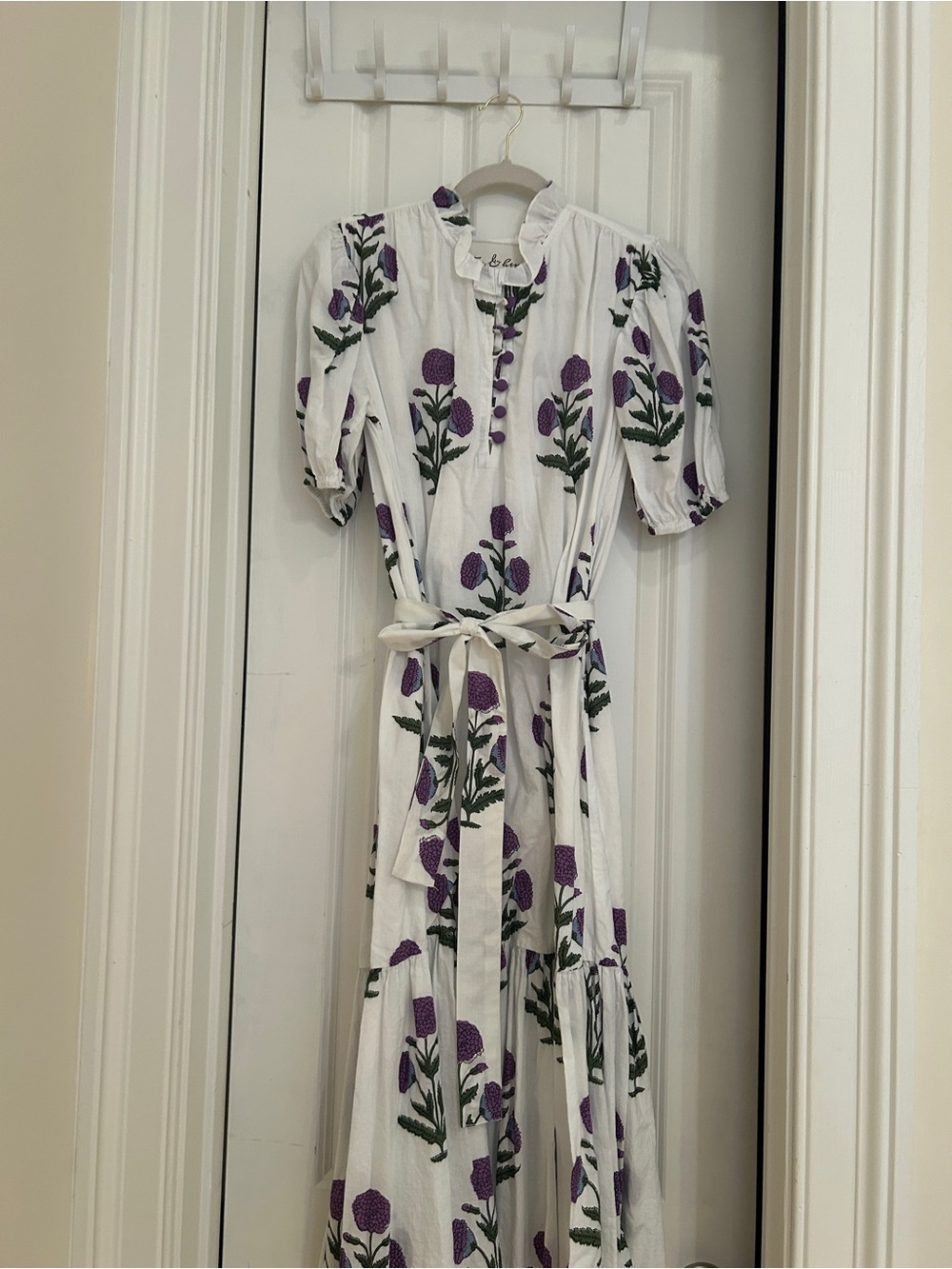 White Maxi Dress with Purple Floral Print and Tie Waist